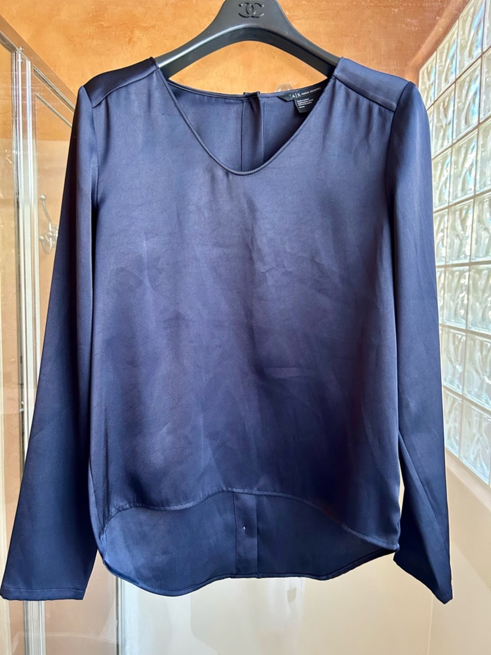 Armani Exchange Navy Blue V-Neck Long Sleeve Silky Top